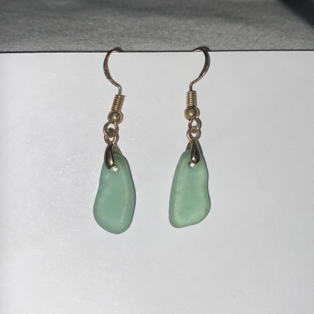 Green and silver sea glass earrings